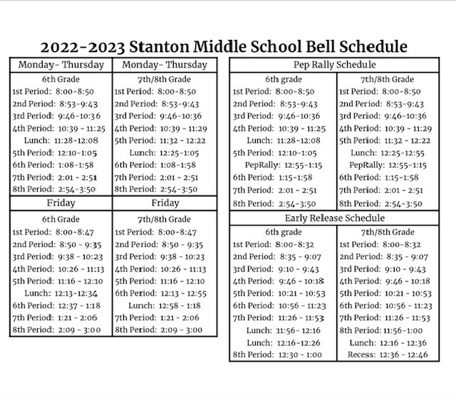 2022-2023 Stanton Middle School Bell Schedule