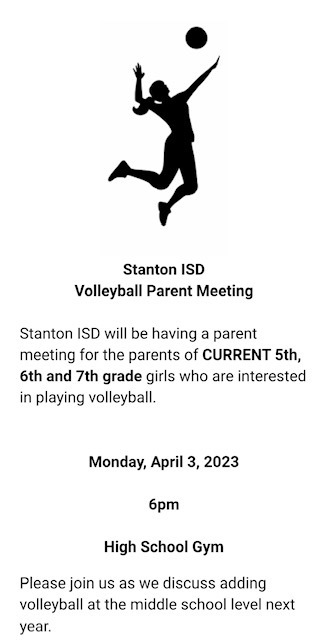 Informational/Interest Middle School Girl's Volleyball Meeting Monday April 3rd, 6:00PM, High School Gym